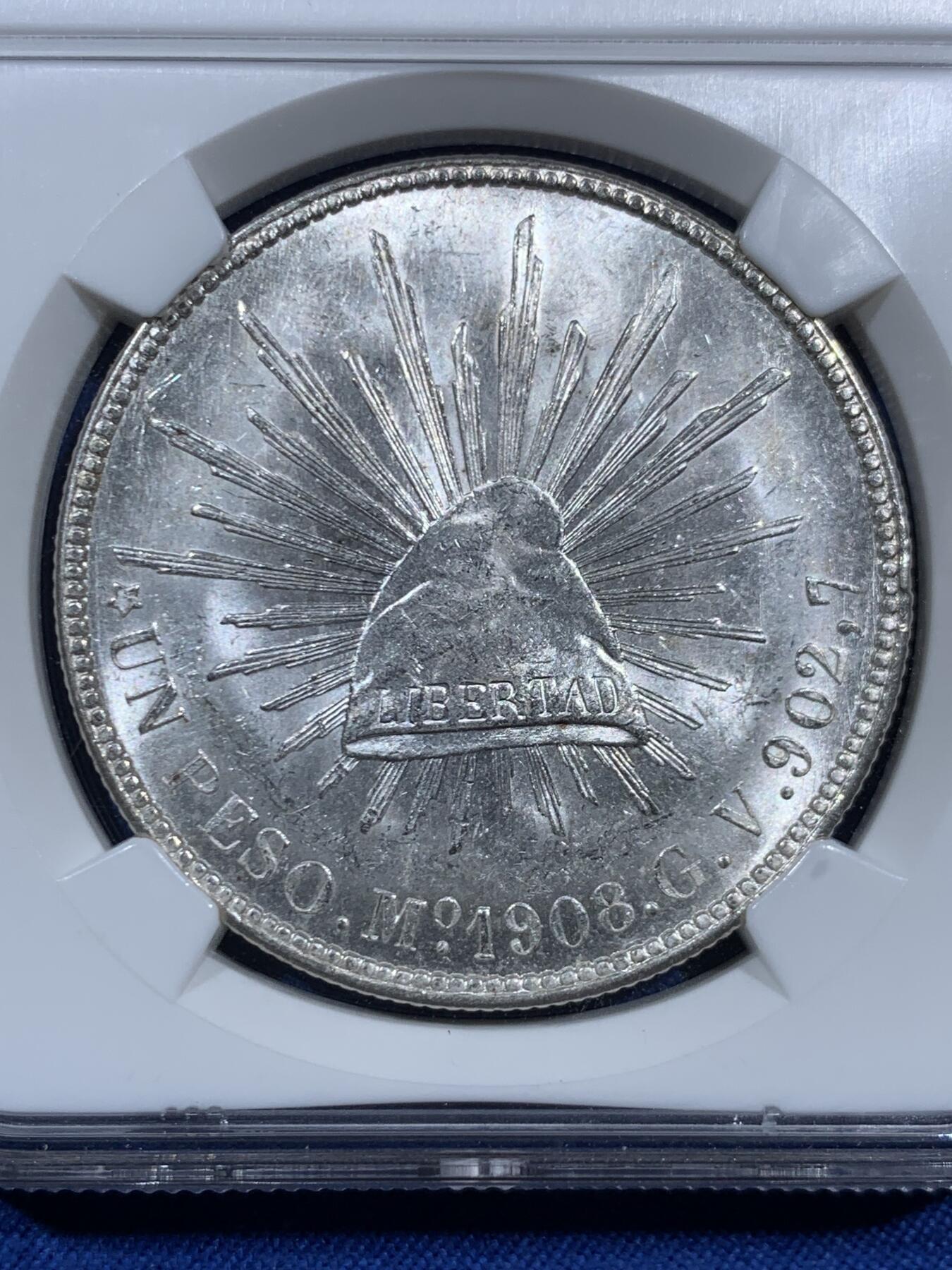 《竞宝斋》第460场 周日，周一，2场连拍 （全场包邮）欢迎送拍 NGC MS63 墨西哥1908年直边鹰洋1比索银币 暴光品相 老盒严评