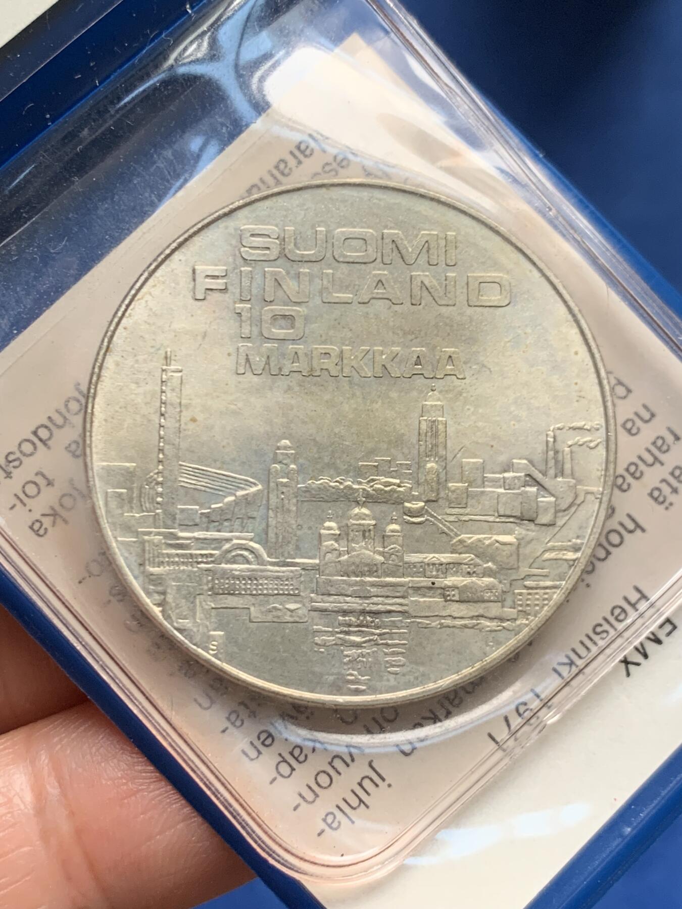 《竞宝斋》第460场 周日，周一，2场连拍 （全场包邮）欢迎送拍 两枚一组 芬兰10马克银币 袋装 1971年第十届欧洲田径锦标赛+1975年总统吉科宁