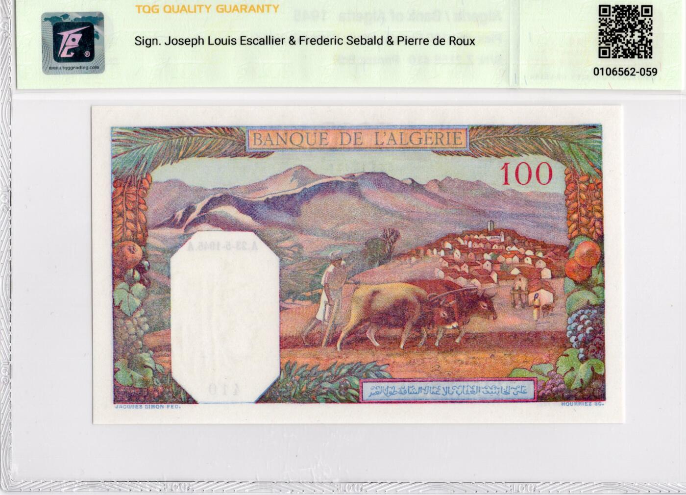 喜羊羊钱币收藏2026第14期(评级币场) 阿尔及利亚	P-85 1945年100法郎		64				Z.2158 410			