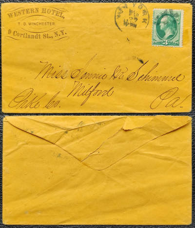 洪涛臻品批发群 精选邮票限时拍卖第1232期  - 美国古典邮票实寄封 纽约科尔特兰特街西部大酒店寄出