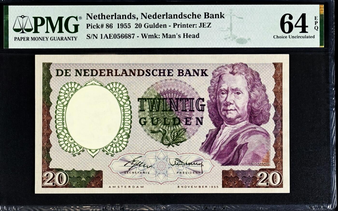 【Blue Auction】世界纸币精拍第777期——18级TOP拍卖/信誉/品质/专业/高效💫   【季军分 名家旧藏】荷兰 1955年20盾 经典毒蛇 PMG64EPQ 全新原票 状态佳 伦勃朗同套凑套必备 赫尔曼·布尔哈夫 