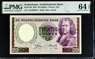 【Blue Auction】世界纸币精拍第777期——18级TOP拍卖/信誉/品质/专业/高效💫 -   【季军分 名家旧藏】荷兰 1955年20盾 经典毒蛇 PMG64EPQ 全新原票 状态佳 伦勃朗同套凑套必备 赫尔曼·布尔哈夫 