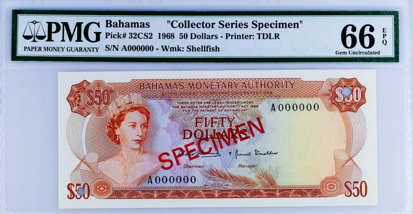 【Blue Auction】世界纸币精拍第777期——18级TOP拍卖/信誉/品质/专业/高效💫 【样钞】巴哈马 1968年50元 海港贸易风情 水果摊 彩背 女王 次高值 印刷品质相同 实钞价格太贵 凑套可完全替代 PMG66EPQ 高分老壳 