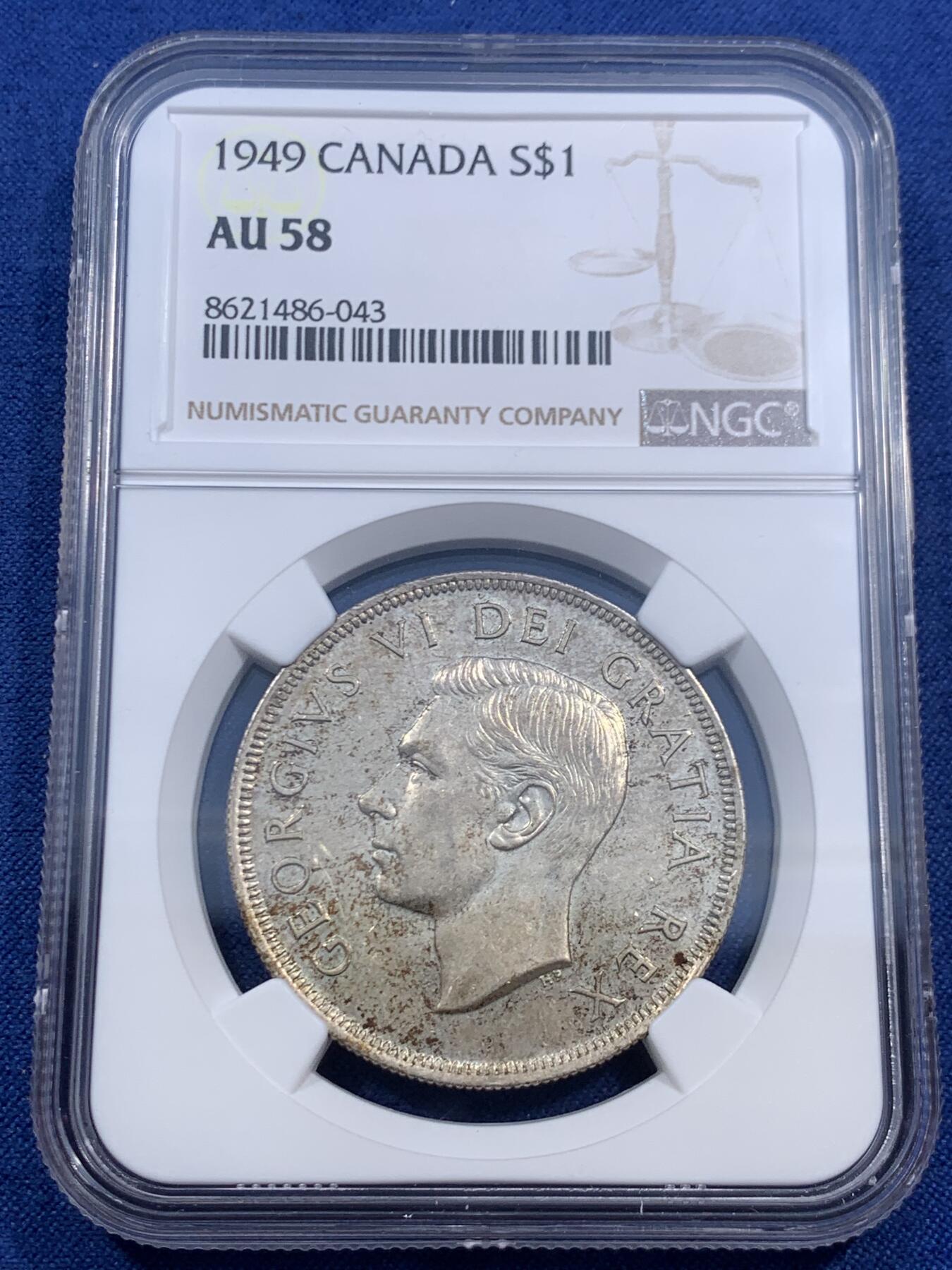 《竞宝斋》第460场 周日，周一，2场连拍 （全场包邮）欢迎送拍 NGC AU58 加拿大 1949年 乔治六世 1加元 大银币 背面正面浮雕清晰 底板好 低评