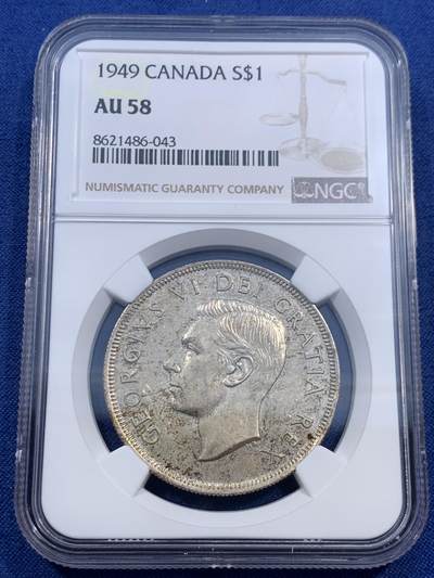 《竞宝斋》第460场 周日，周一，2场连拍 （全场包邮）欢迎送拍 - NGC AU58 加拿大 1949年 乔治六世 1加元 大银币 背面正面浮雕清晰 底板好 低评