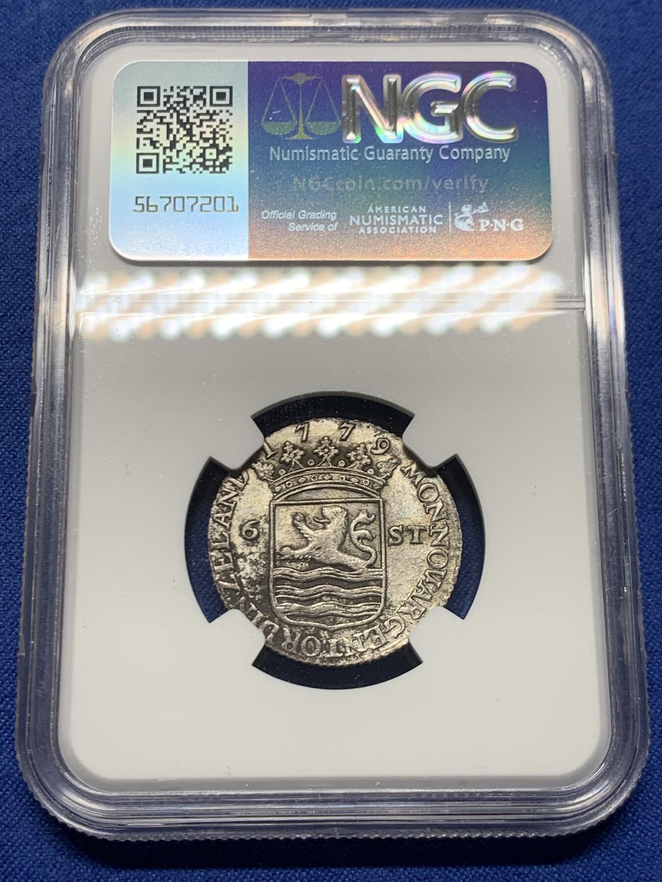 《竞宝斋》第460场 周日，周一，2场连拍 （全场包邮）欢迎送拍 NGC UNCD 泽兰省（荷兰共和国）1779年6S银币 泽兰王冠纹章+三桅船