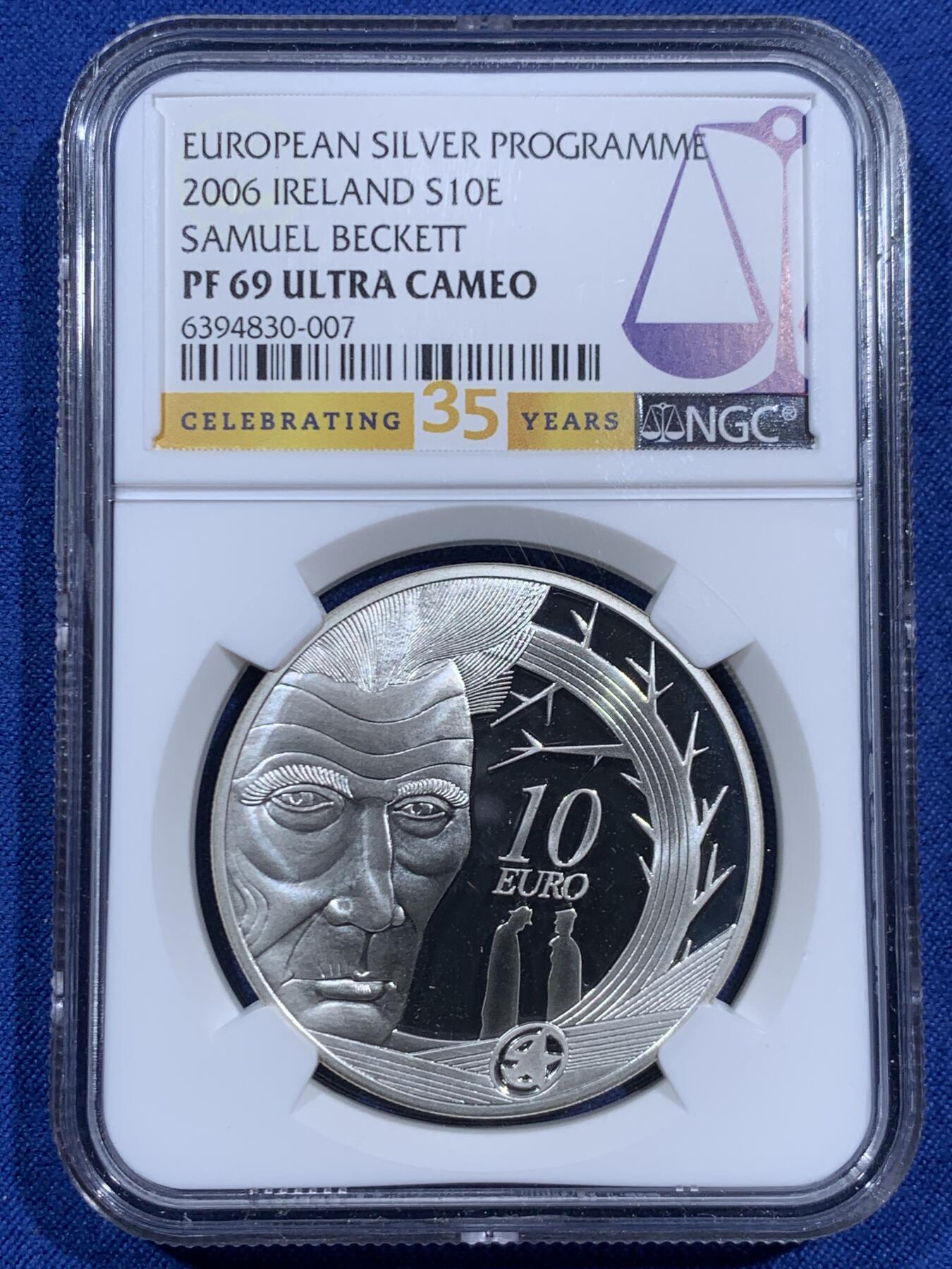 《竞宝斋》第460场 周日，周一，2场连拍 （全场包邮）欢迎送拍 NGC PF69UC 2006年爱尔兰诺贝尔文学奖获得者之荒诞戏剧作家贝克特10欧银币