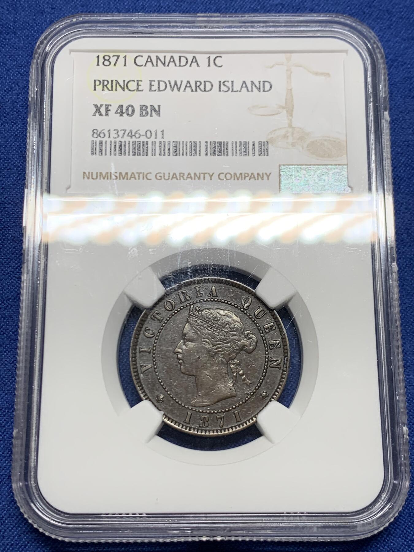 《竞宝斋》第460场 周日，周一，2场连拍 （全场包邮）欢迎送拍 NGC XF40BN 加拿大1871年爱德华王子岛1分铜币，少见品种，有分难得