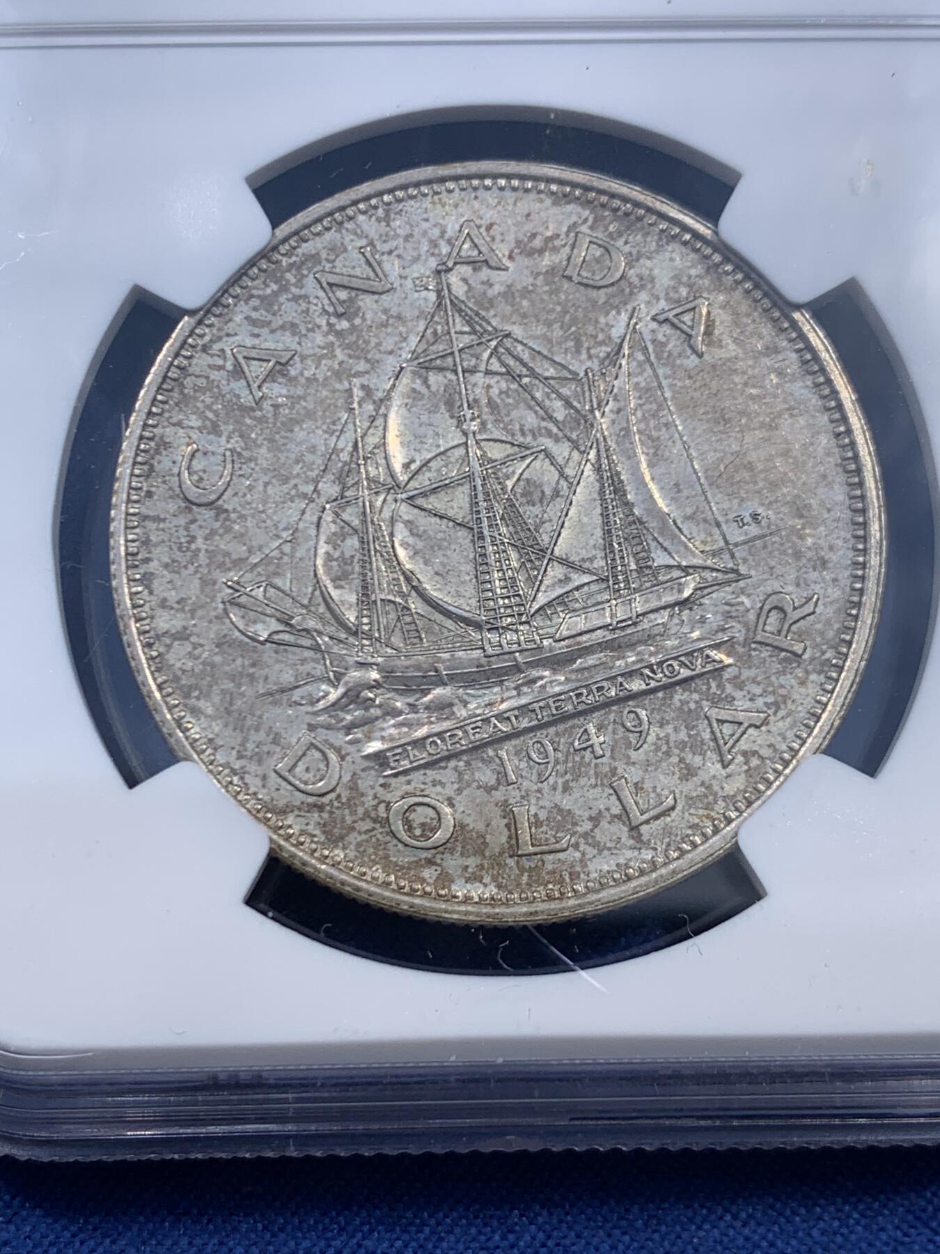 《竞宝斋》第460场 周日，周一，2场连拍 （全场包邮）欢迎送拍 NGC AU58 加拿大 1949年 乔治六世 1加元 大银币 背面正面浮雕清晰 底板好 低评