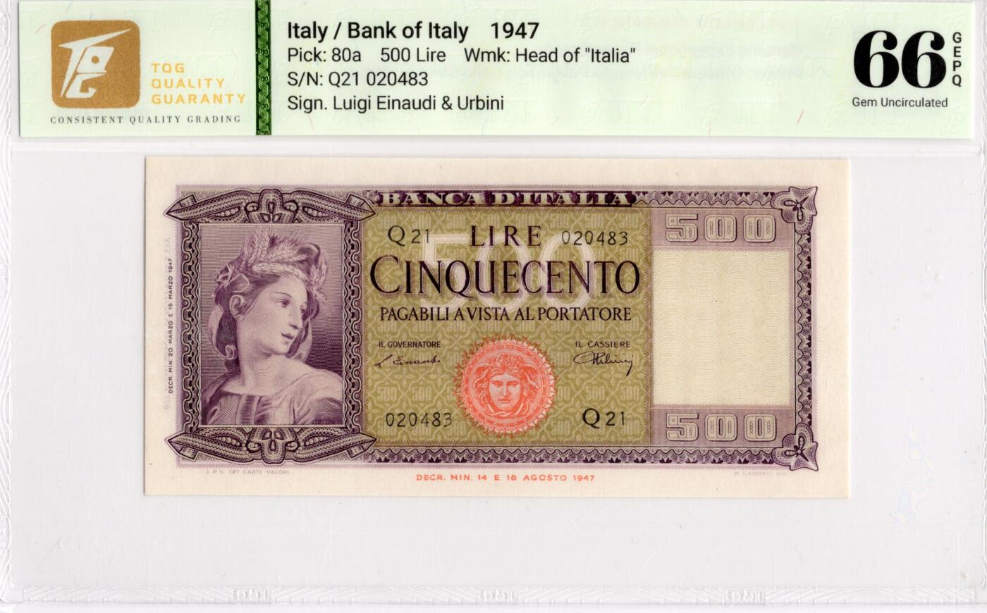 喜羊羊钱币收藏2026第14期(评级币场) 	意大利	P-80a 1947年500里拉		66E				Q.21 020483			