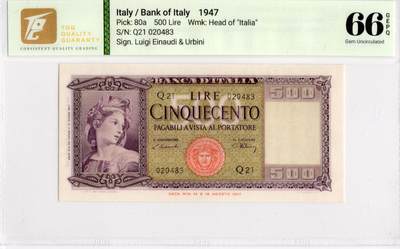 喜羊羊钱币收藏2026第14期(评级币场) - 	意大利	P-80a 1947年500里拉		66E				Q.21 020483			