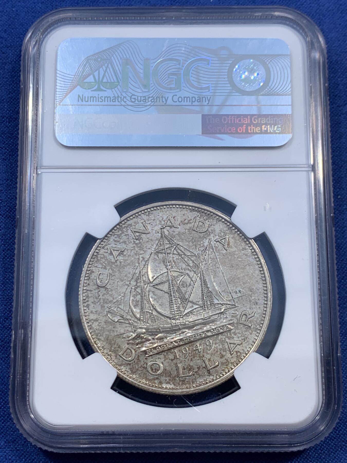 《竞宝斋》第460场 周日，周一，2场连拍 （全场包邮）欢迎送拍 NGC AU58 加拿大 1949年 乔治六世 1加元 大银币 背面正面浮雕清晰 底板好 低评