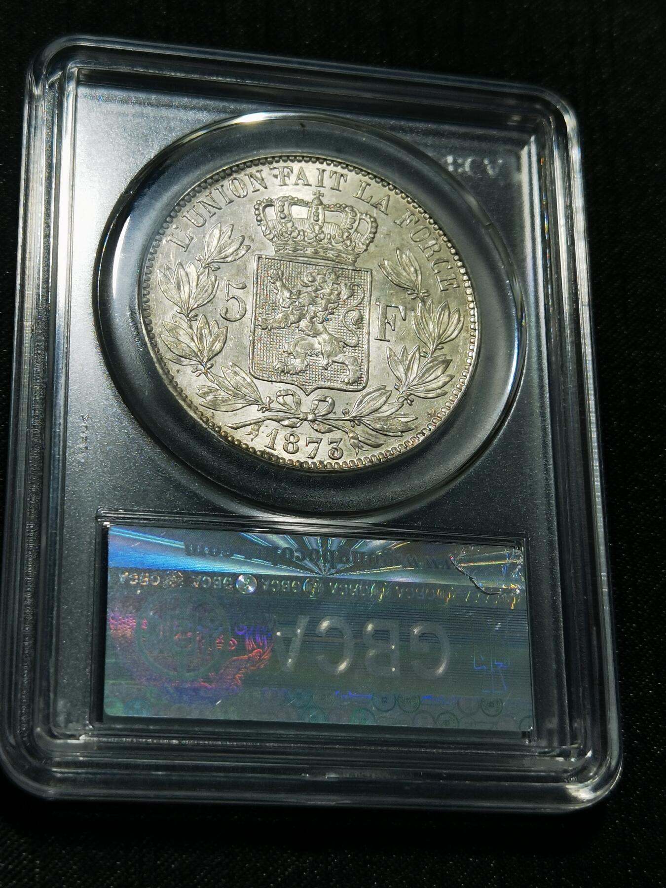 天下钱庄专场欢迎参拍 公博评级MS62比利时利奥波徳二世银币