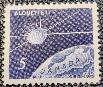 洪涛臻品批发群 精选邮票限时拍卖第1234期  - 加拿大1966年 Alouette II(百灵鸟科学研究卫星)与地球,1全新. 同期于中国建国初 精美雕刻版 原胶润白