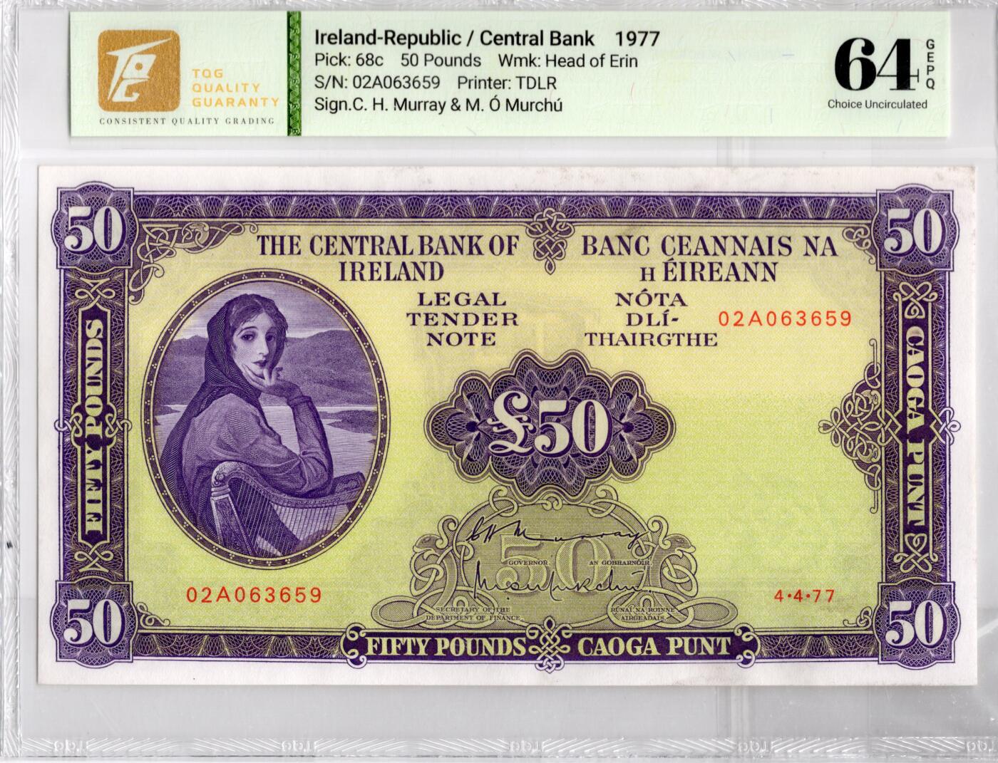喜羊羊钱币收藏2026第14期(评级币场) 爱尔兰	P-68c 1977年50镑			64E，超级大票幅				02A063659			