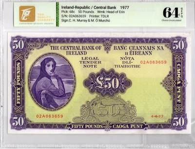 喜羊羊钱币收藏2026第14期(评级币场) - 爱尔兰	P-68c 1977年50镑			64E，超级大票幅				02A063659			