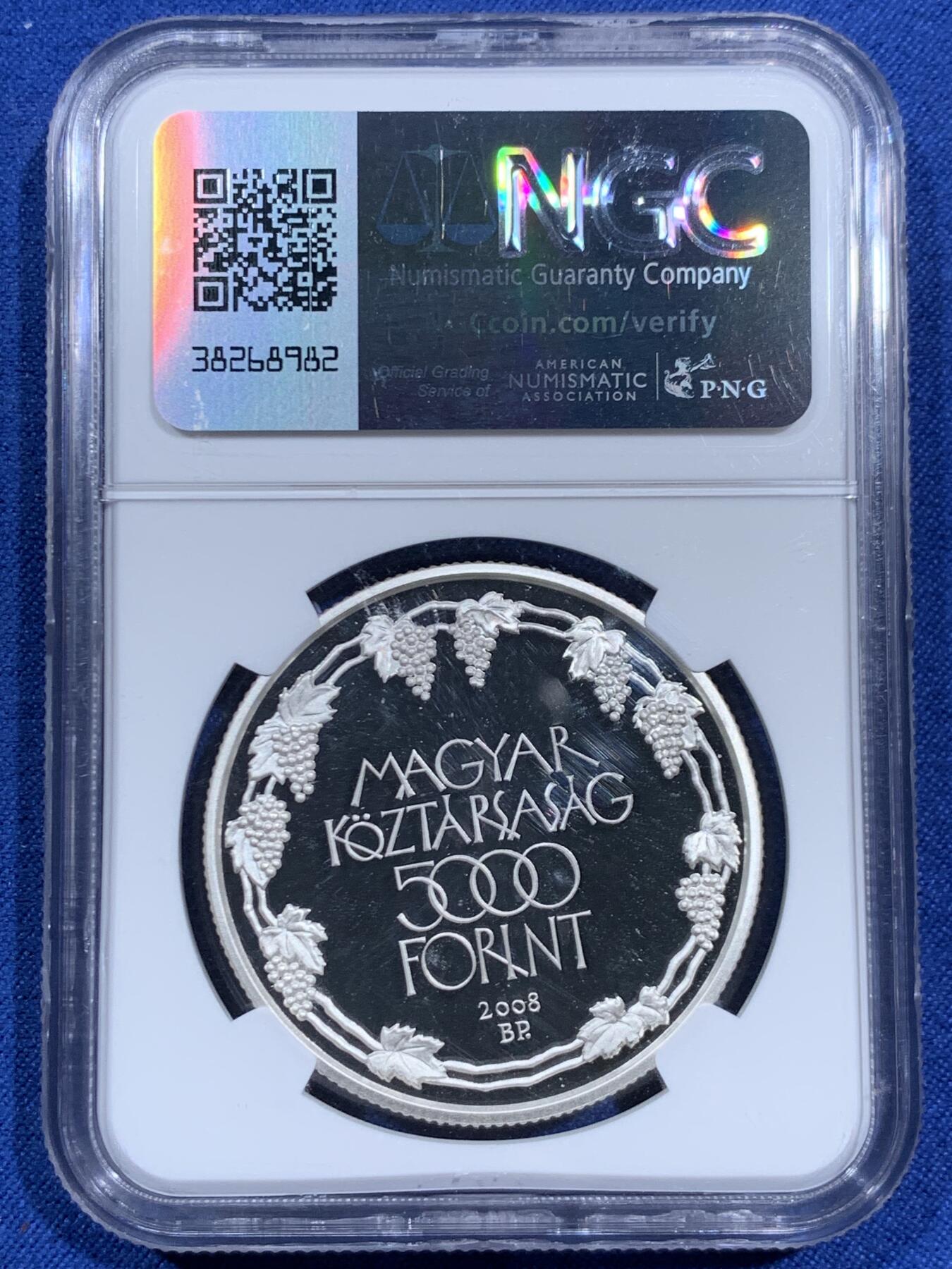 《竞宝斋》第460场 周日，周一，2场连拍 （全场包邮）欢迎送拍 NGC PF69UC 匈牙利克劳斯获奖币 2008年欧罗巴之星-托卡伊葡萄酒产区5000福林银币 925银 31.46克