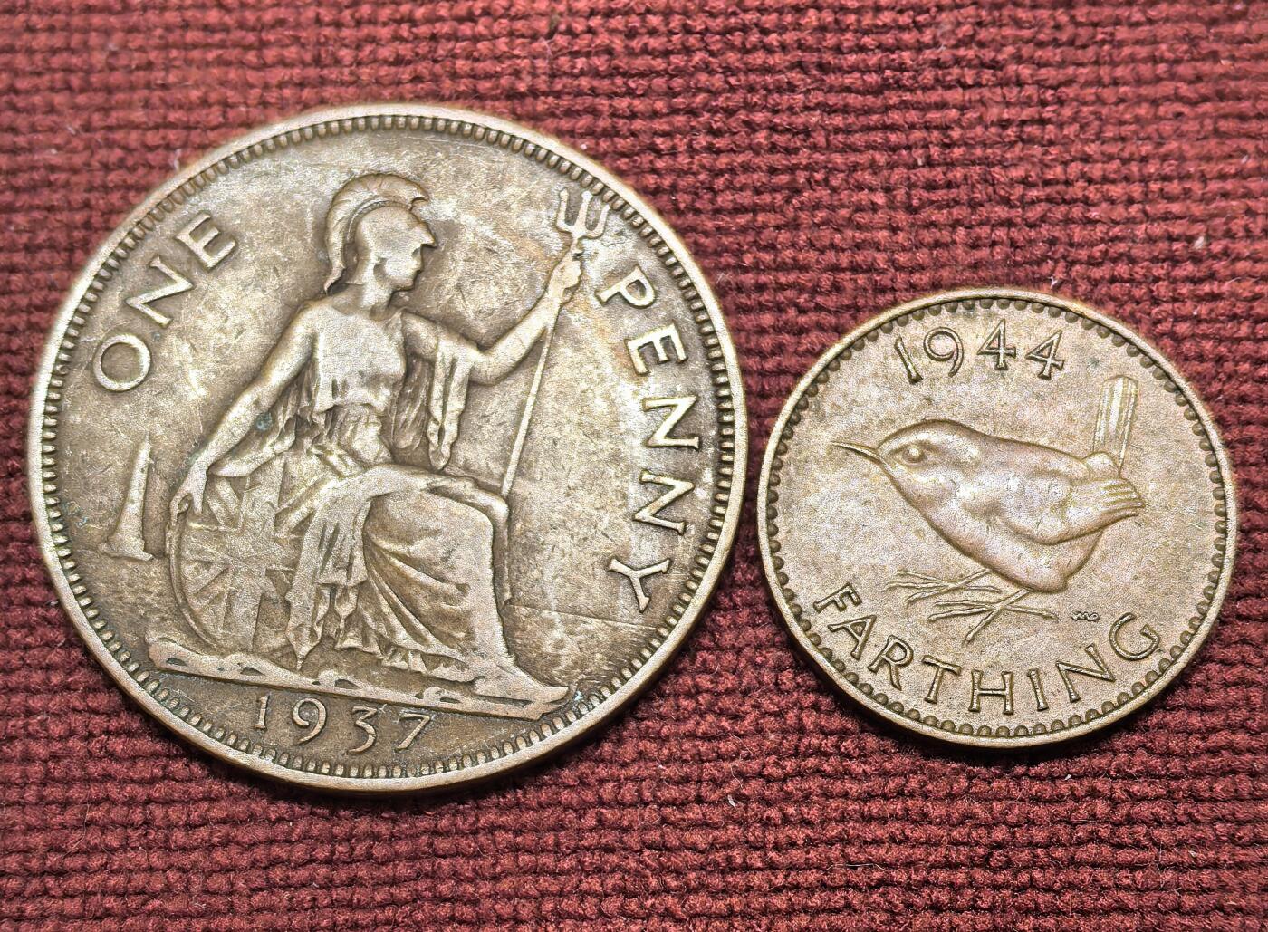 南宋泉阁俄币 外币 国币 专场第二十一期 【送拍无额外佣金】 英国 1937/1944年 乔治六世1便士/1法新铜币一对好品 字口不错