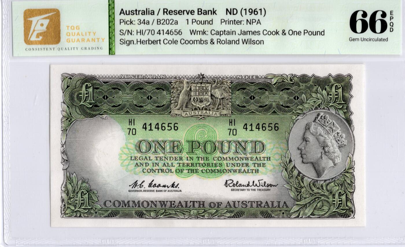 喜羊羊钱币收藏2026第14期(评级币场) 	澳大利亚	P-34a ND(1961)年1镑			66E				HI/70 414656		