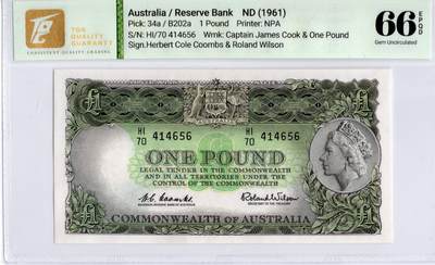 喜羊羊钱币收藏2026第14期(评级币场) - 	澳大利亚	P-34a ND(1961)年1镑			66E				HI/70 414656		