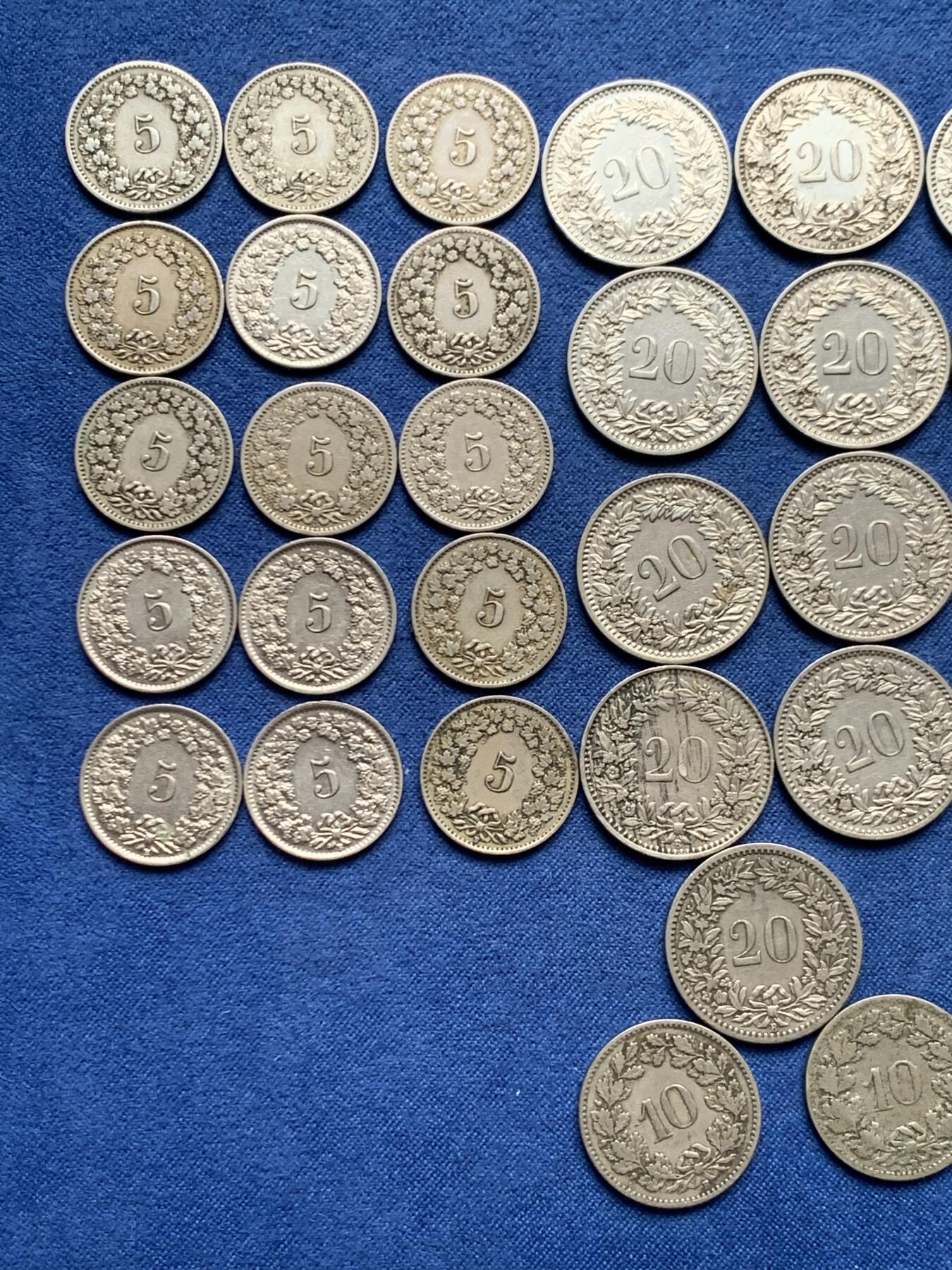 《竞宝斋》第460场 周日，周一，2场连拍 （全场包邮）欢迎送拍 49枚一组 瑞士早年份生丁镍币，20生丁13枚，10生丁21枚，5生丁15枚。都是1940年之前的年份，含1895年5生丁，1895弄10生丁1895/1885年20生丁镍币，凑年份的不要错过了