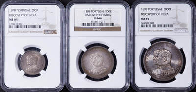 【俄甄集藏】“万象更新、马呈祥瑞”迎新春俄甄精品场-2026年(047)01-21 星期三 晚 19:30 全场包邮 - 葡萄牙1898年卡洛斯一世夫妇头像纪念发现印度400周年200、500、1000瑞斯银币3枚套，NGC MS64，五彩包浆，转光品相，分数整齐，味道一流