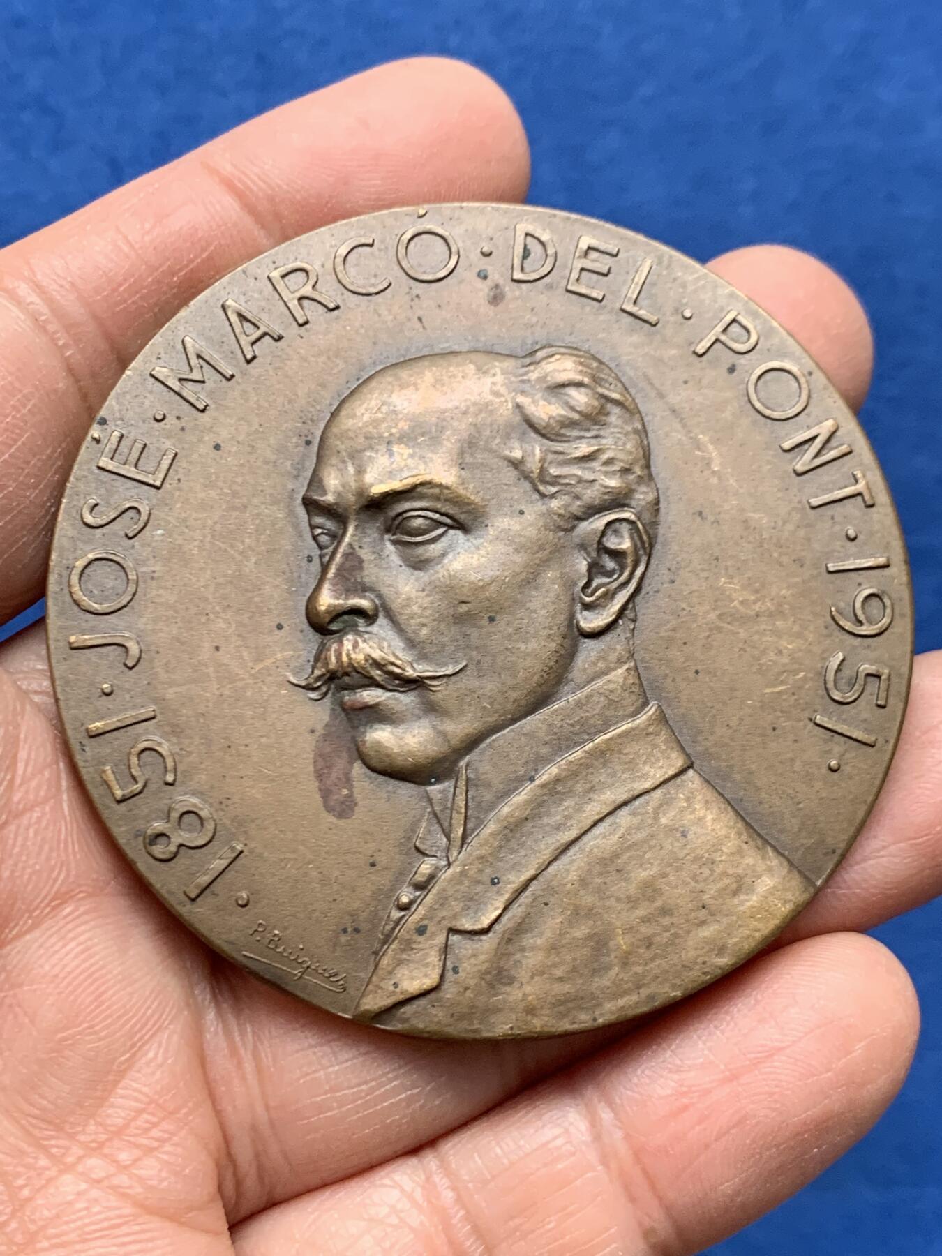 《竞宝斋》第460场 周日，周一，2场连拍 （全场包邮）欢迎送拍 阿根廷 1951年 著名集邮家何塞·马科·戴尔·庞特铜章 73.85g 60.5mm