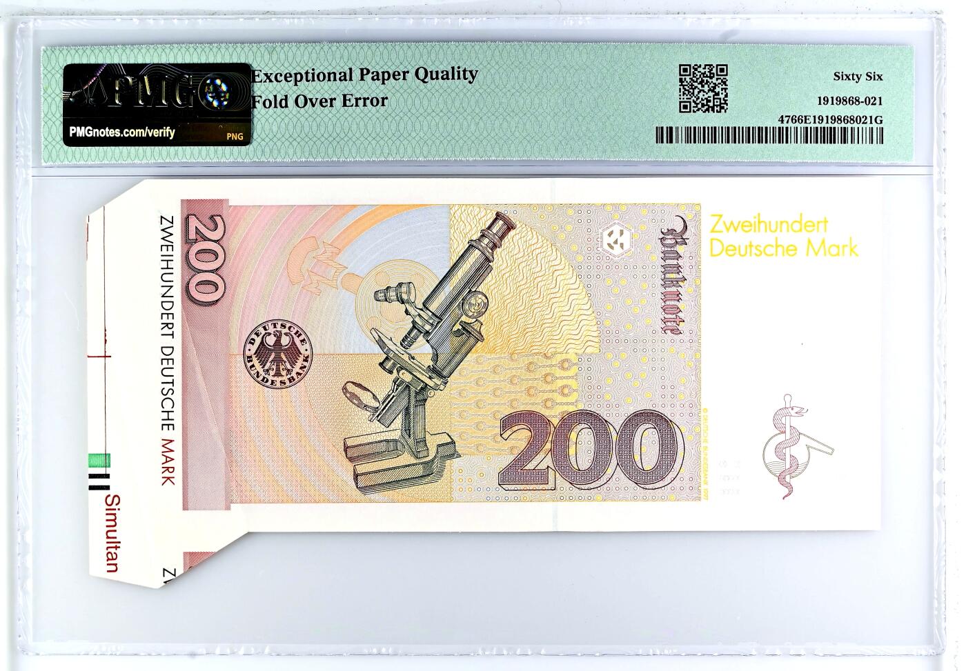 【Blue Auction】世界纸币精拍第777期——18级TOP拍卖/信誉/品质/专业/高效💫 【带边铭 fold over错钞罕见】德国 1996年200马克 PMG66EPQ 非常难遇 值得收藏研究 