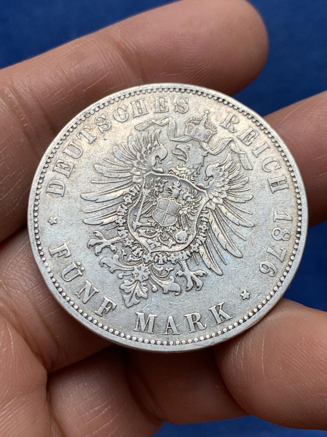 《竞宝斋》第460场 周日，周一，2场连拍 （全场包邮）欢迎送拍 德国普鲁士1876年威廉一世短翅5马克银币