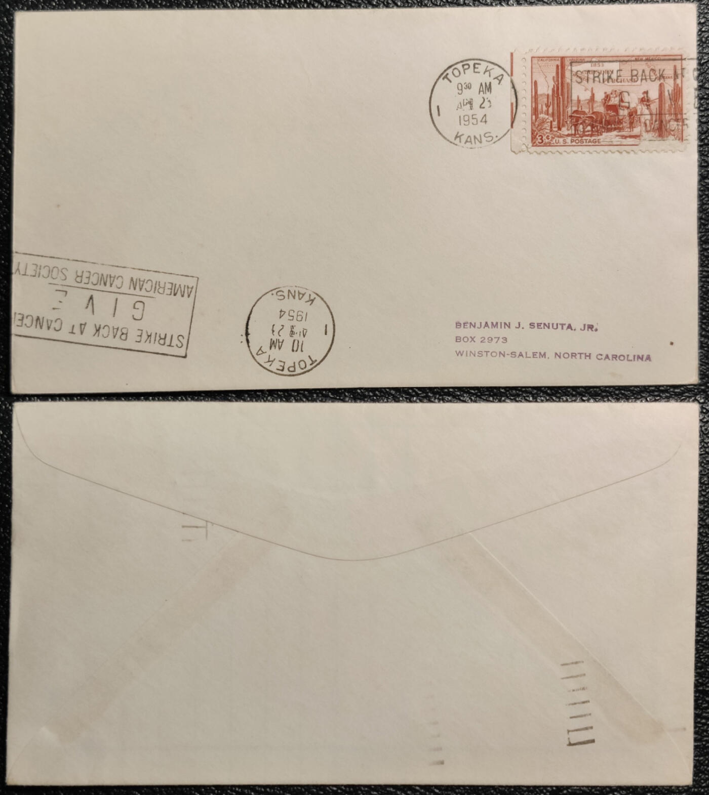 洪涛臻品批发群 精选邮票限时拍卖第1232期  1954美国实寄封,机盖戳反击癌症--美国癌症协会医疗专题难得素材