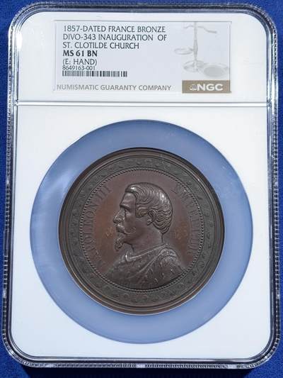 《竞宝斋》第460场 周日，周一，2场连拍 （全场包邮）欢迎送拍 - NGC MS61BN 法国1857年拿破仑三世巴黎圣克洛蒂尔德教堂落成典礼纪念大铜章 加大加厚盒