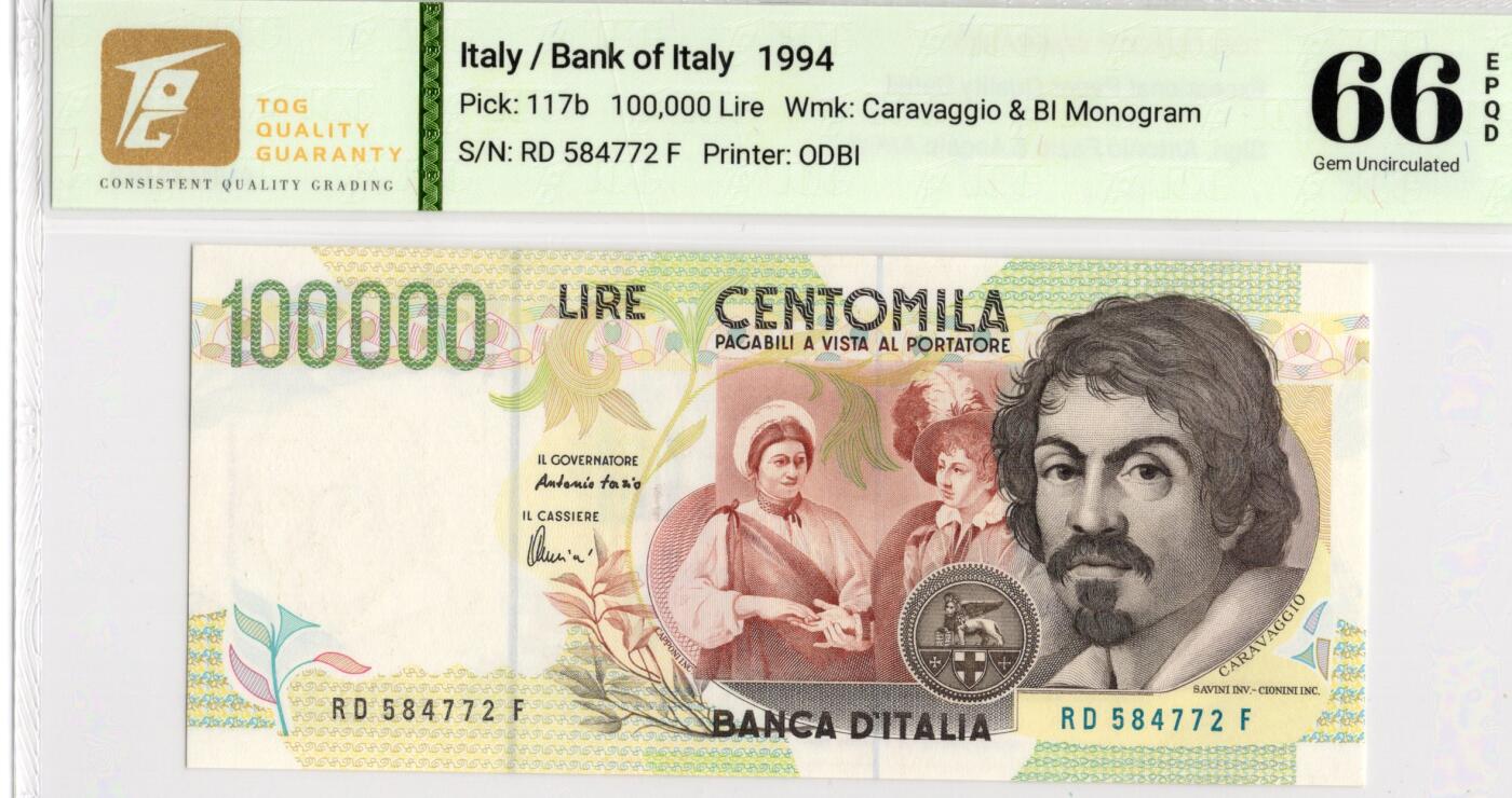 喜羊羊钱币收藏2026第14期(评级币场) 	意大利	P-117b 1994年100000里拉			66E				RD584772F			