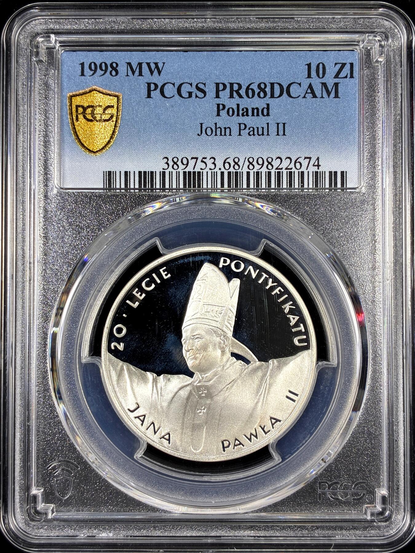 【雨安】【直播拍卖】【第0126期-评级币章】2026-01-24 周六 19:30 [评级现代] Poland 波兰 10兹罗提 1998年 圣若望·保禄二世 [14.14克,  0.925银] PCGS-PR68DCAM 精制币