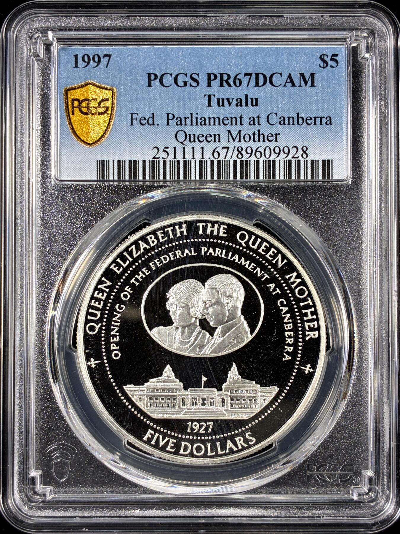 【雨安】【直播拍卖】【第0126期-评级币章】2026-01-24 周六 19:30 [评级现代] Tuvalu 图瓦卢 5元 1997年 王太后 PCGS-PR67DCAM 精制币