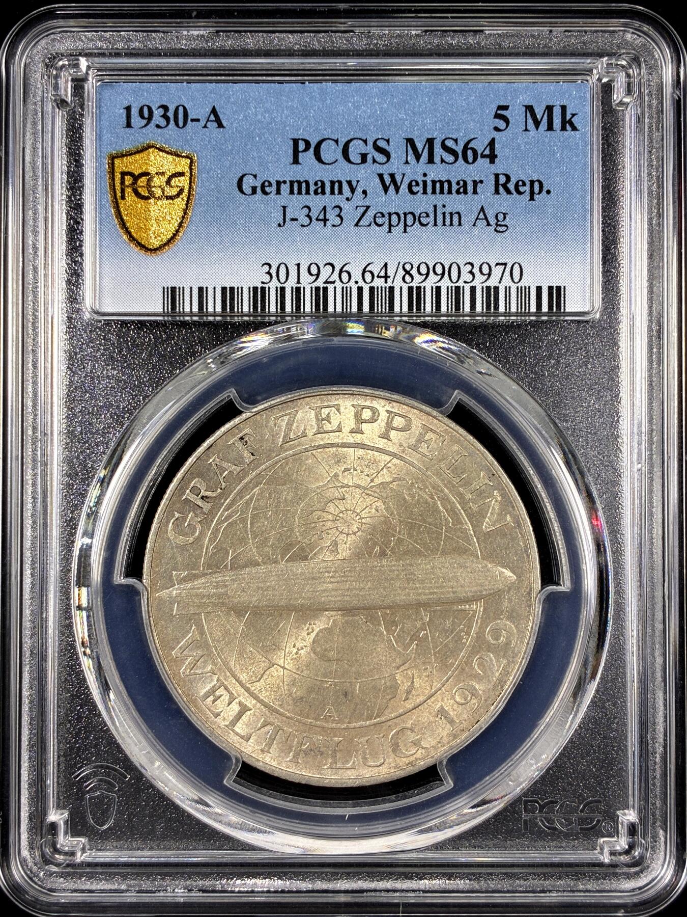 【雨安】【直播拍卖】【第0126期-评级币章】2026-01-24 周六 19:30 [评级德国] Germany 德国 魏玛 5马克 KM#68 飞艇 1930年  PCGS-MS64