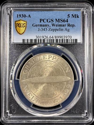 【雨安】【直播拍卖】【第0126期-评级币章】2026-01-24 周六 19:30 - [评级德国] Germany 德国 魏玛 5马克 KM#68 飞艇 1930年  PCGS-MS64
