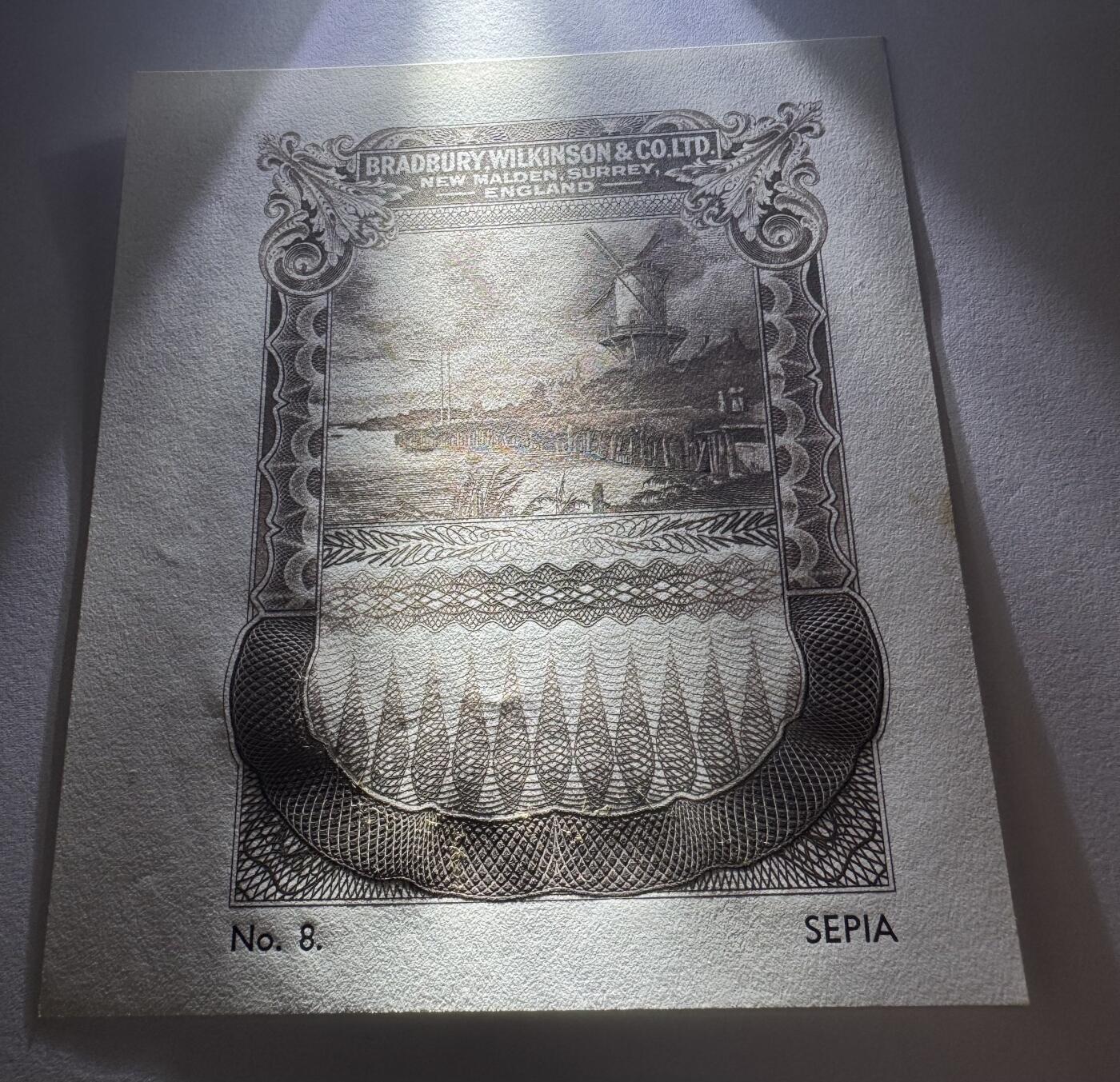 2026第2场（总第229期）：精品测试钞、连体钞综合场 NO.8棕褐色 布拉德伯里威尔金森“英格兰.苏里埃.新马尔登风景雕刻～风车”单面凹印测试UNC（有黄斑）