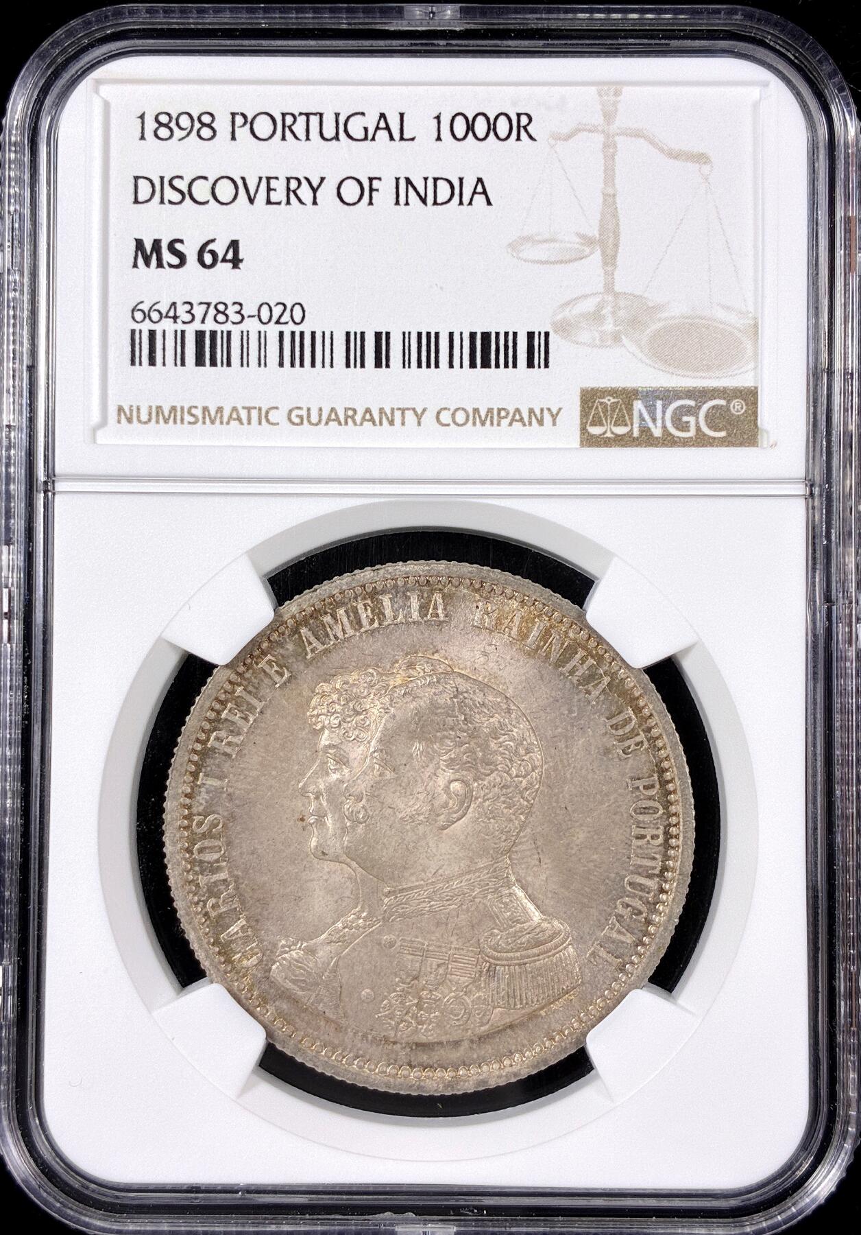 【雨安】【直播拍卖】【第0126期-评级币章】2026-01-24 周六 19:30 [评级欧洲] Portugal 葡萄牙 Kingdom 十进制 发现印度 1000里斯 KM#539 1898年  NGC-MS64 欧洲原味五彩粉包浆 最招人喜欢的包浆状态