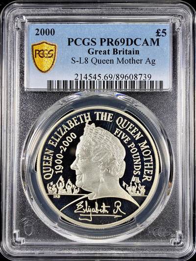 【雨安】【直播拍卖】【第0126期-评级币章】2026-01-24 周六 19:30 - [评级现代] Great Britain 英国 5镑 2000年 王太后 [28.28克,  0.925银] PCGS-PR69DCAM 精制币