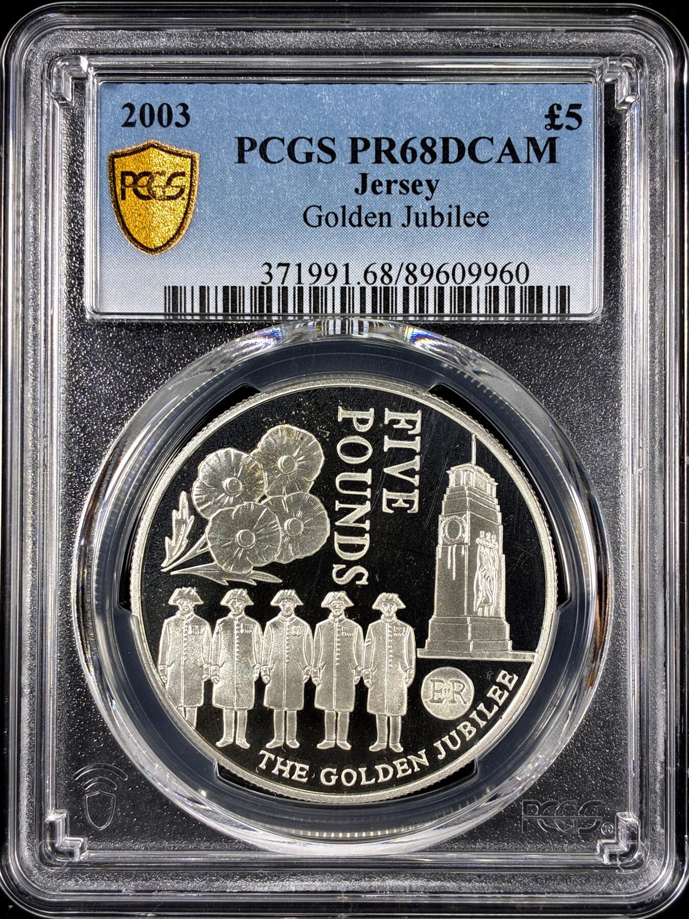 【雨安】【直播拍卖】【第0126期-评级币章】2026-01-24 周六 19:30 [评级现代] Jersey 泽西 5镑 2003年 伊丽莎白二世登基50周年 PCGS-PR68DCAM 精制币