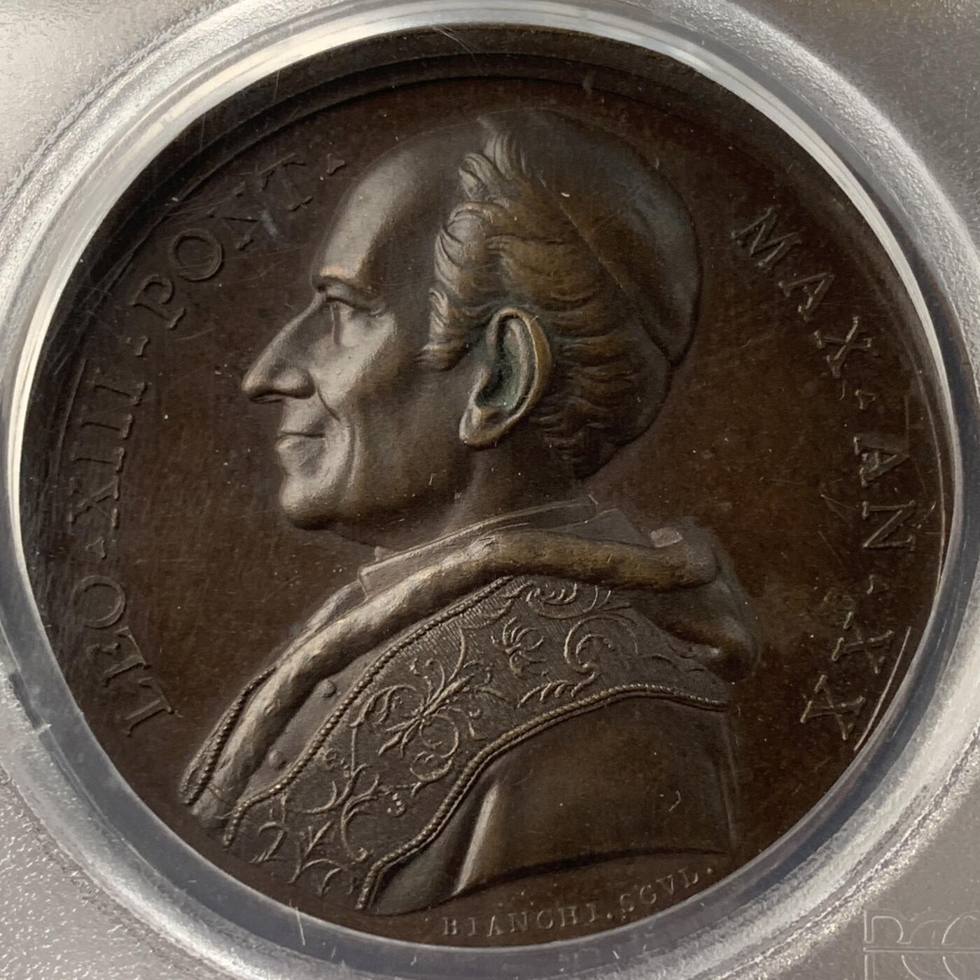掌中浮雕-藏着的欧洲第050场 PCGS SP63 : 教皇利奥十三世，利奥尼亚学院成立铜章，44mm
