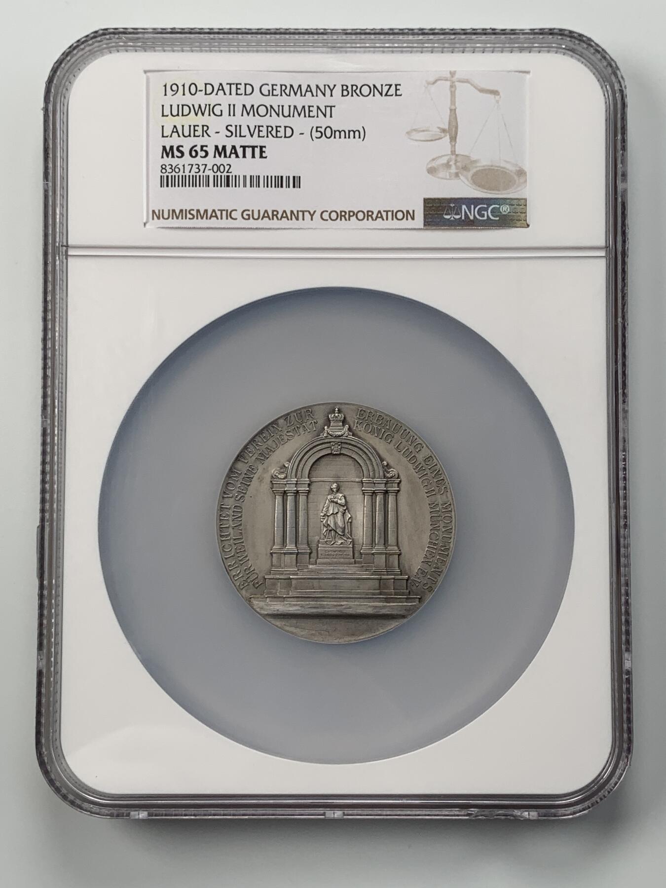 掌中浮雕-藏着的欧洲第050场 NGC MS65 :  1910年巴伐利亚国王路德维希二世纪念碑镀银铜章，50mm