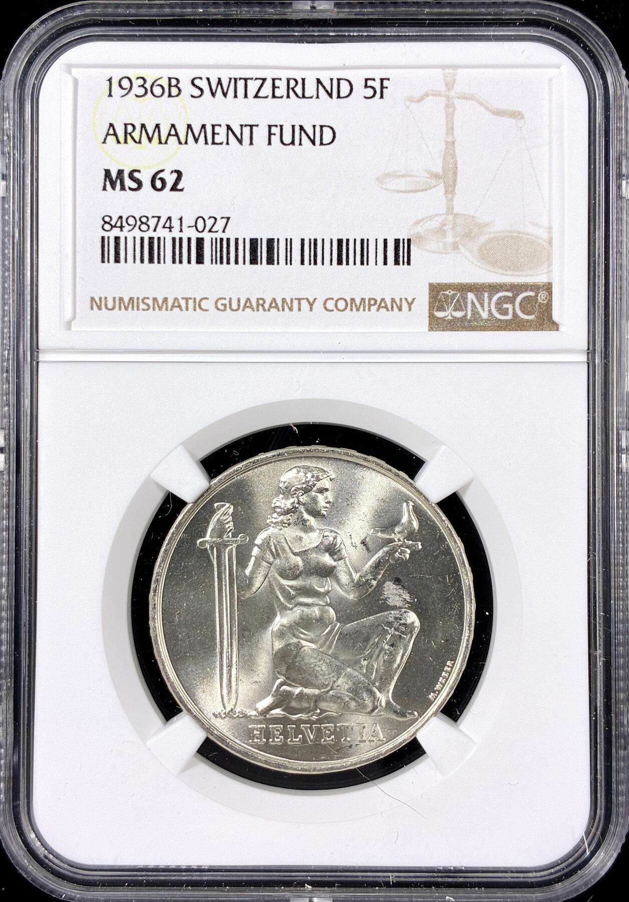 【雨安】【直播拍卖】【第0126期-评级币章】2026-01-24 周六 19:30 [评级欧洲] Switzerland 瑞士 5法郎 1936年 军备基金 KM# 41  NGC-MS62