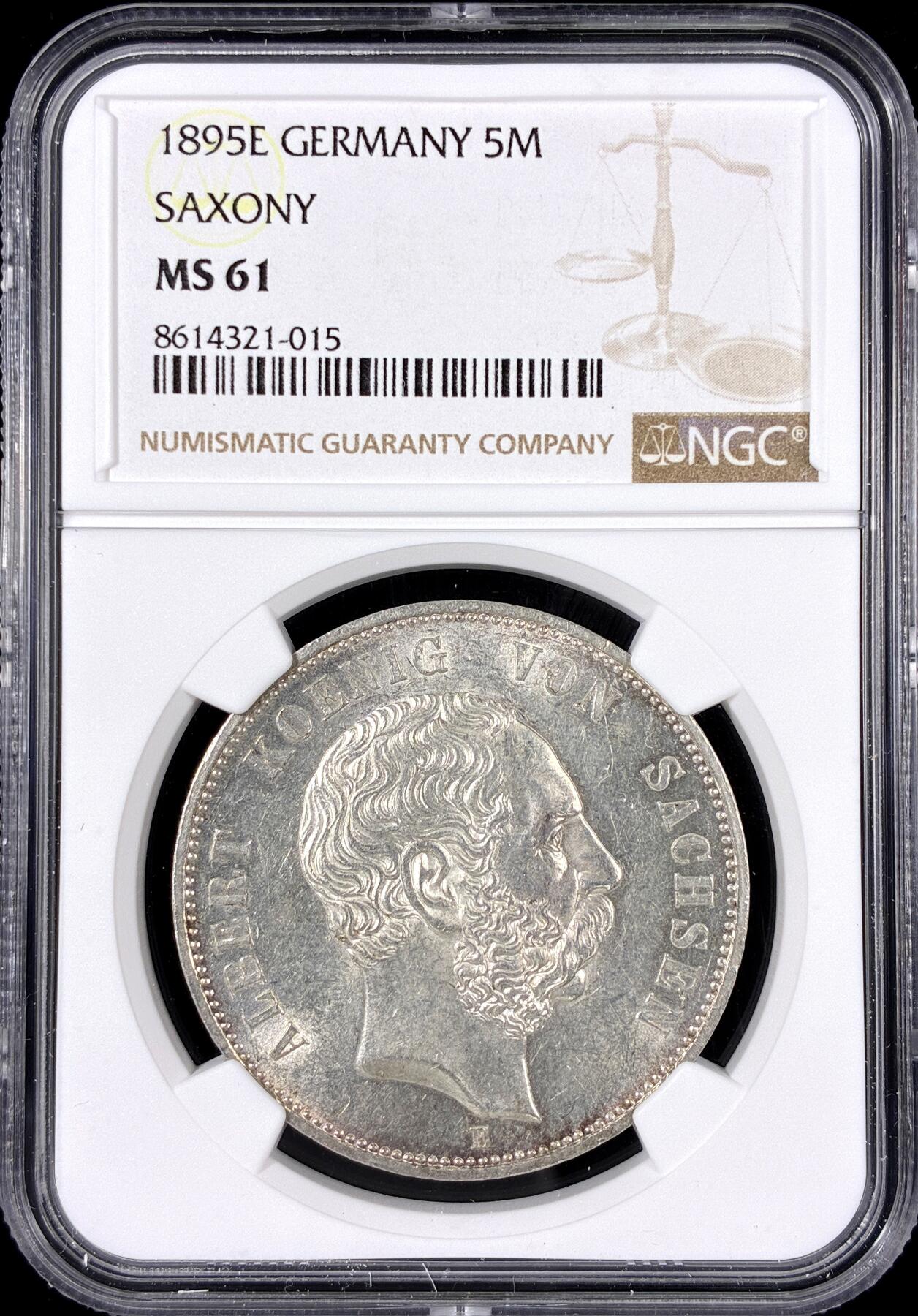 【雨安】【直播拍卖】【第0126期-评级币章】2026-01-24 周六 19:30 [评级德国] Germany 德国 帝国 J.125 萨克森 5马克 (1891-1902) 阿尔伯特 1895年  NGC-MS61 原色银光 严评 早年份好年份流通版 MS极其难得