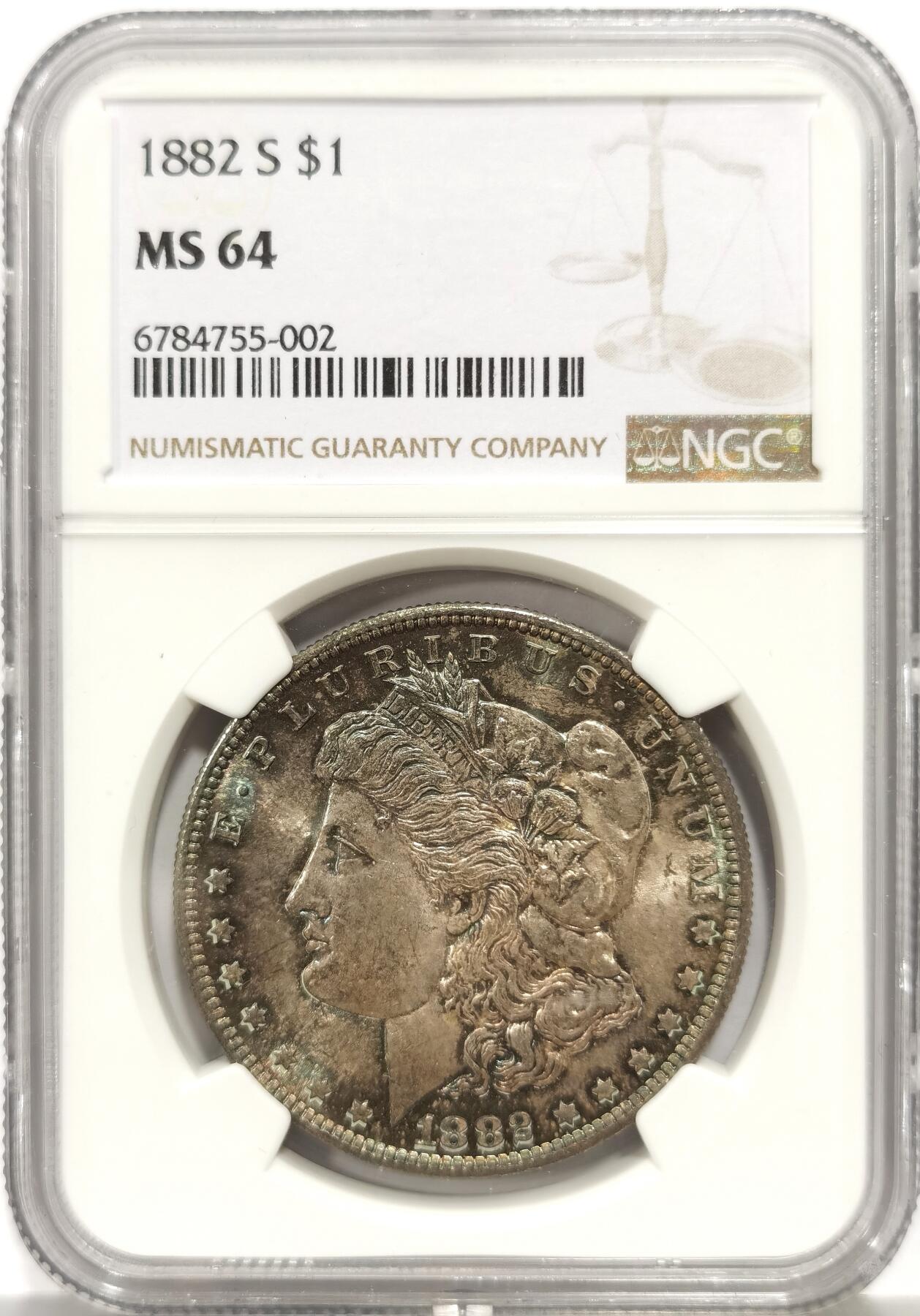 博洋堂世界钱币拍卖第158期（全场包邮） NGC MS64 美国1882年摩根银币S版，原汁原味双面五彩老包浆，包浆醇厚浓郁，转光强烈细节优秀，极美紫罗兰包浆，状态一流。