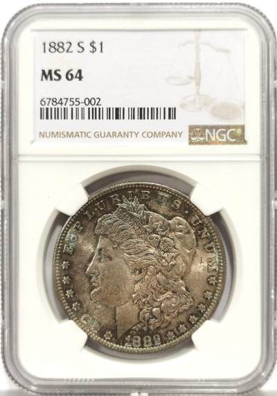 博洋堂世界钱币拍卖第158期（全场包邮） - NGC MS64 美国1882年摩根银币S版，原汁原味双面五彩老包浆，包浆醇厚浓郁，转光强烈细节优秀，极美紫罗兰包浆，状态一流。