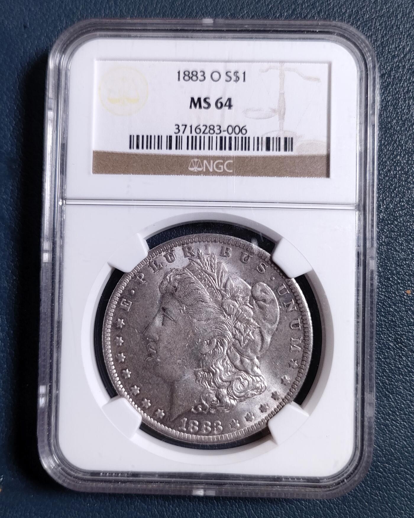 美国1883年O版摩根壹美元银币，NGC MS64老盒子
