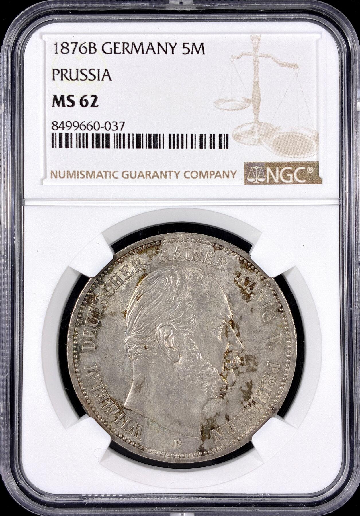 【雨安】【直播拍卖】【第0126期-评级币章】2026-01-24 周六 19:30 [评级德国] Germany 德国 帝国 J.097 普鲁士 5马克 (1874-1876) 威廉一世 1876年B  NGC-MS62 威廉一世MS非常难得