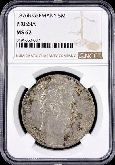 【雨安】【直播拍卖】【第0126期-评级币章】2026-01-24 周六 19:30 - [评级德国] Germany 德国 帝国 J.097 普鲁士 5马克 (1874-1876) 威廉一世 1876年B  NGC-MS62 威廉一世MS非常难得