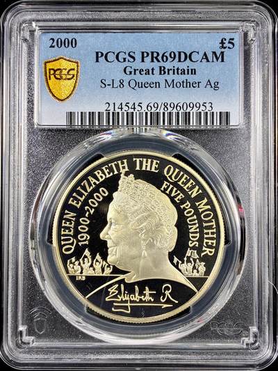 【雨安】【直播拍卖】【第0126期-评级币章】2026-01-24 周六 19:30 - [评级现代] Great Britain 英国 5镑 2000年 王太后 [28.28克,  0.925银] PCGS-PR69DCAM 精制币
